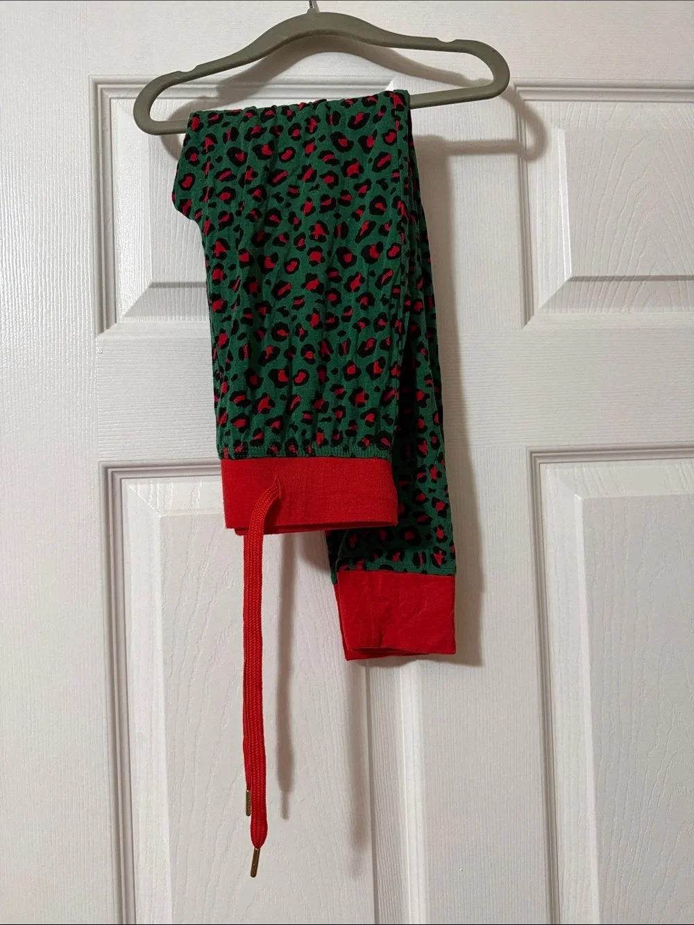 Green & Red Leopard Print Kids Pajama Pants with Red Cuffs